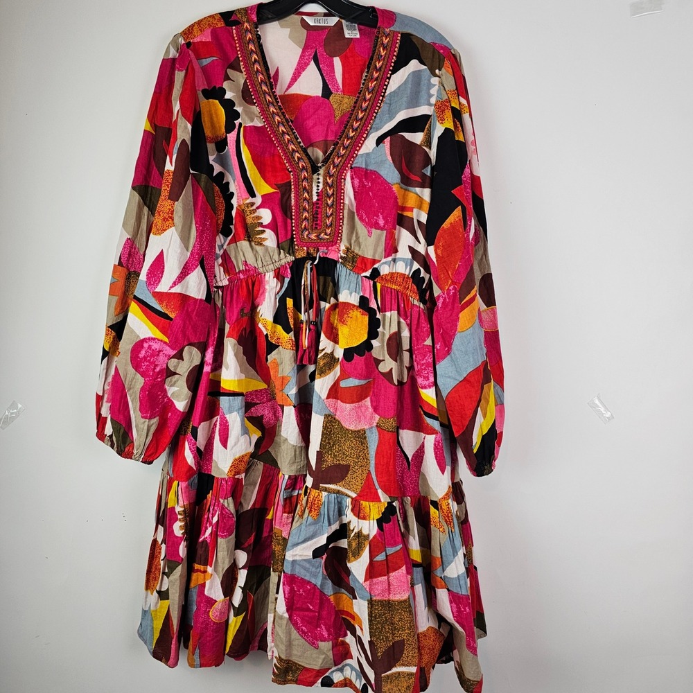 Kaktus Womens XL Floral Abstract Cotton Tiered Boho Dress V-Neck Beaded Pink LS